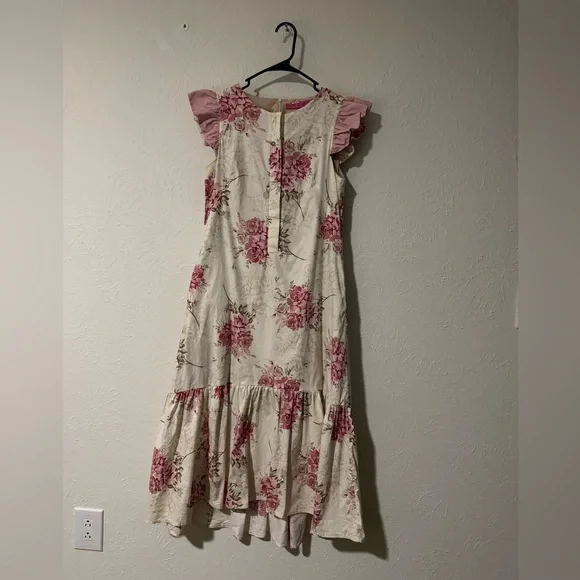 Buru X Megan Stokes Pink Floral Ruffle Sleeve Midi Maxi Dress Size Small - Picture 2 of 8